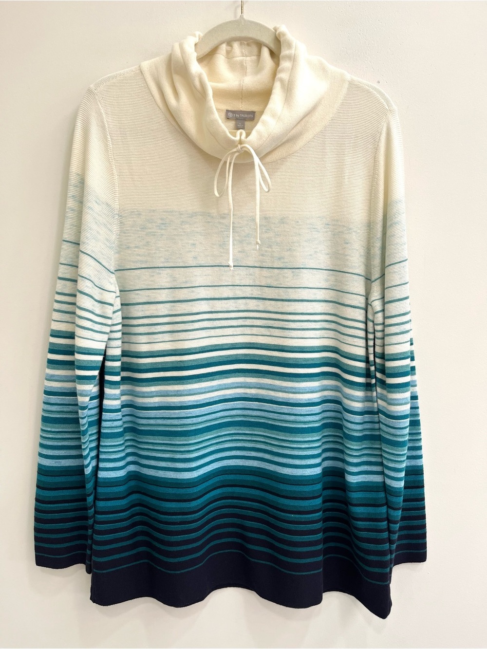 Talbots green blue ombre striped drawstring cowl neck tunic sweater size large